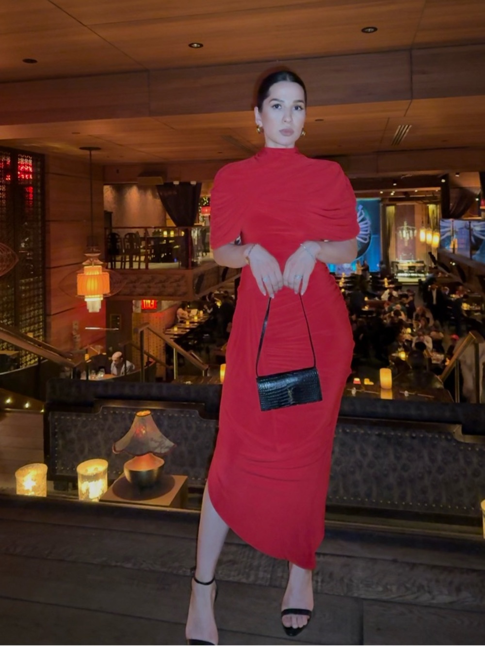 Club L London Red Ruched High-Neck Midi Dress